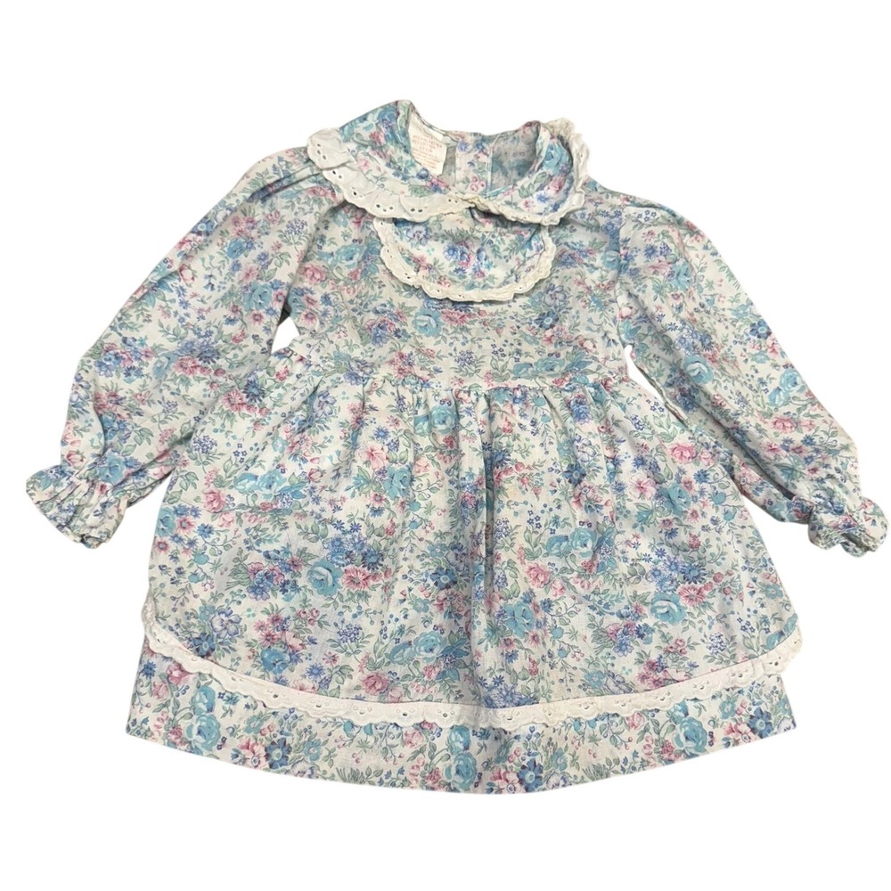 Vintage Little Girls Floral Victorian Lace Trim Ruffle Smocked Long Sleeve Dress